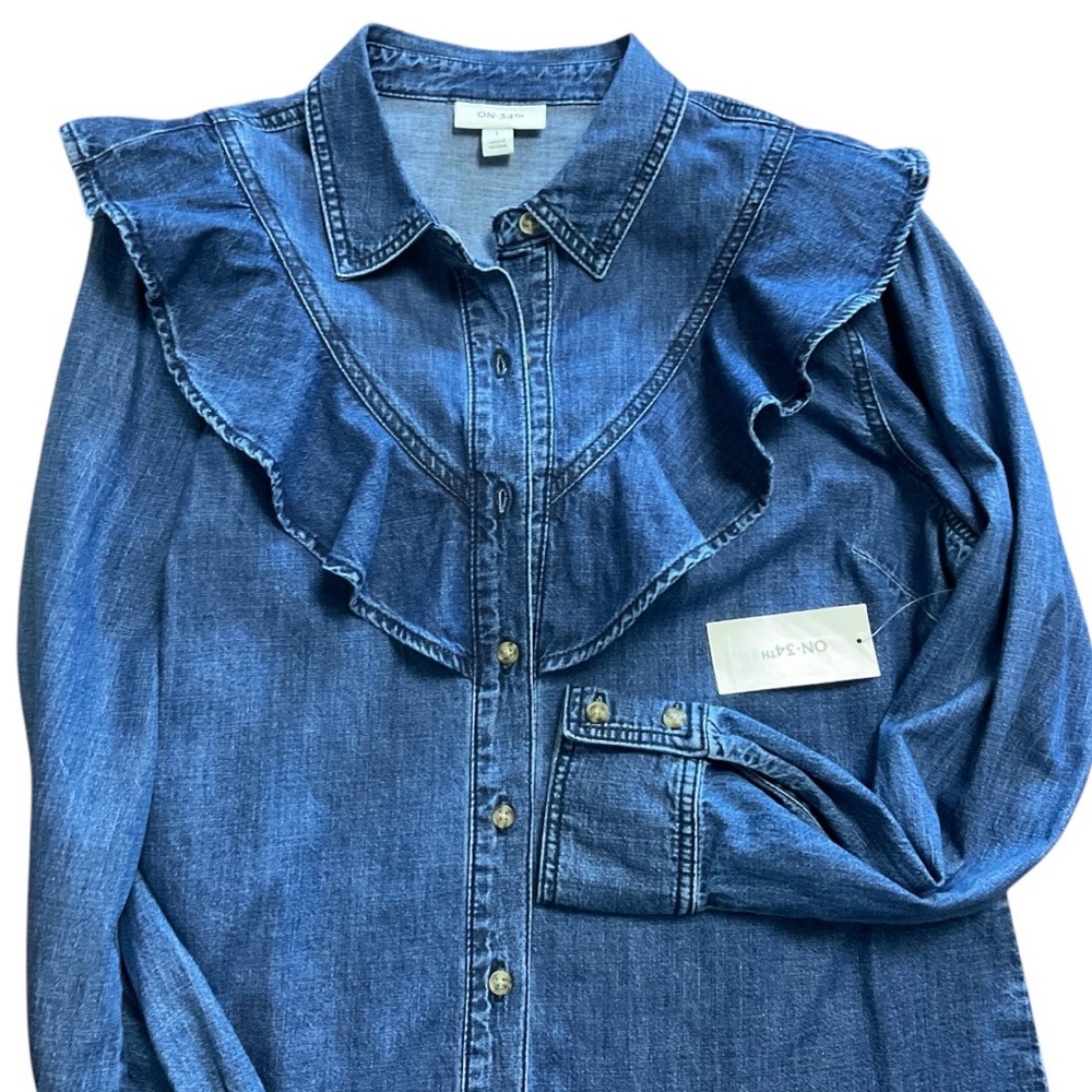 ON -34 th Denim Button-Down Shirt with Ruffle Yoke - Blue - Picture 3 of 3